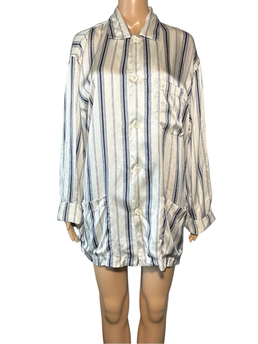 Grigio Perla Women’s Pajama Shirt XL Silk Striped Button Front Luxury Sleepwear